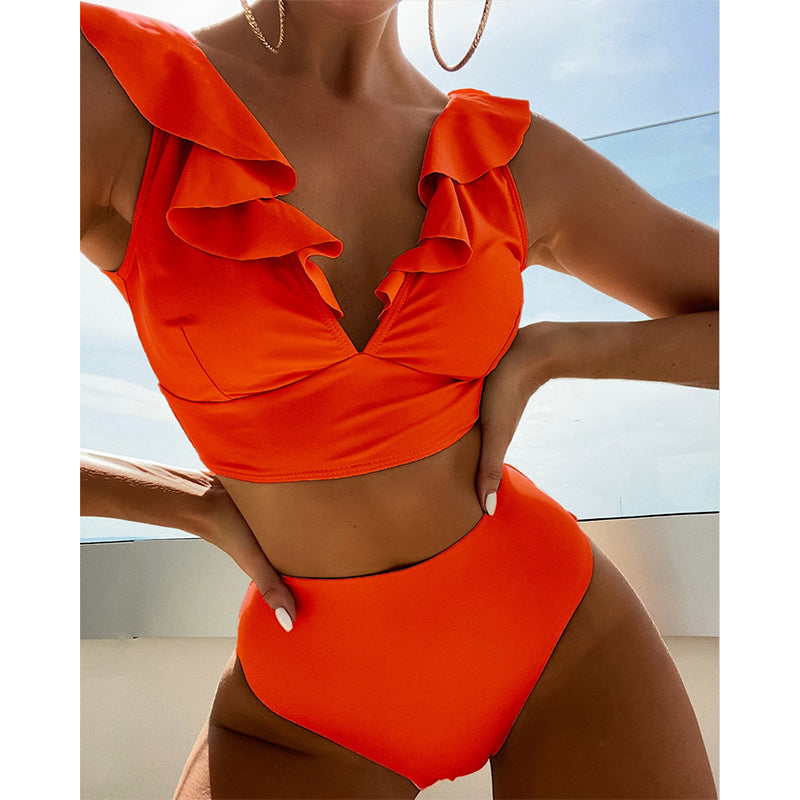 Image of High Waist V-Neck Sexy Ruffles Women Bikini Swimsuit Set, Red / XL