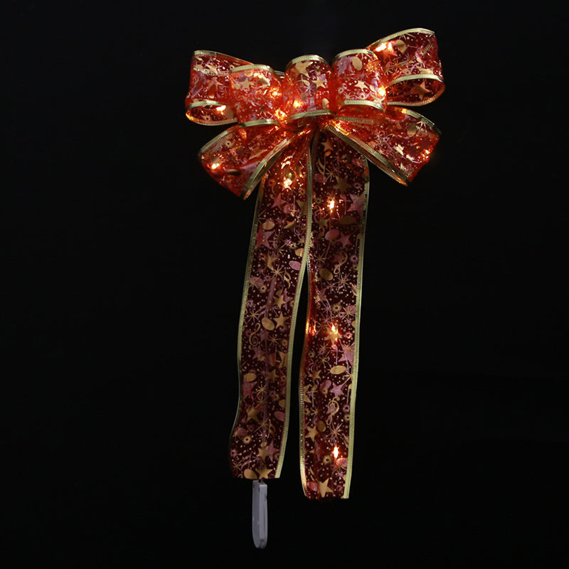 Image of Christmas Tree Ribbon Bow LED String Lights Xmas Gift Decoration, Red Printing / Warm White