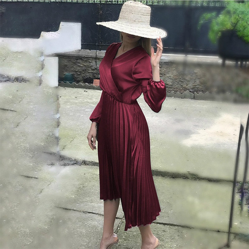 Image of Women's Sexy Off Shoulder Pleated Satin Long Sleeve Dress, Red / M