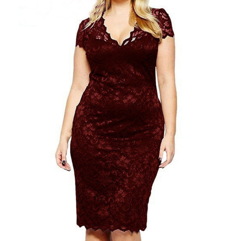 Image of Elegant Plus Size Short Sleeve V-Neck Lace Dresses for Women, Red / M