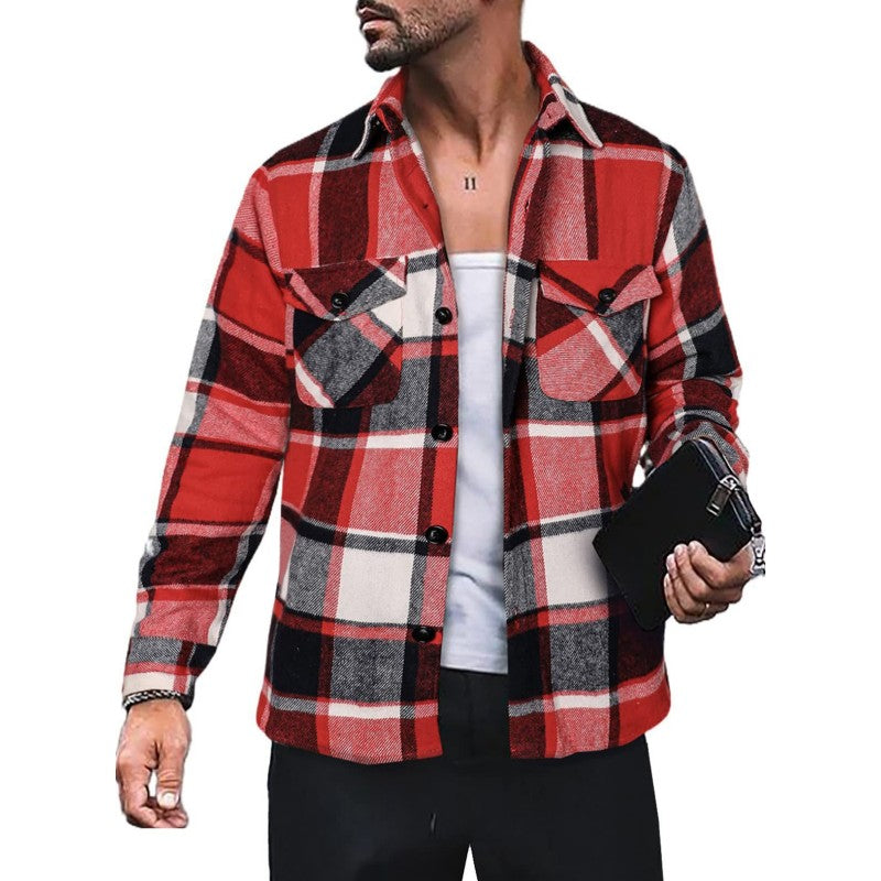 Image of Men's Plaid Shirt Long Sleeve Button Down Casual Jacket, Red / XXXL