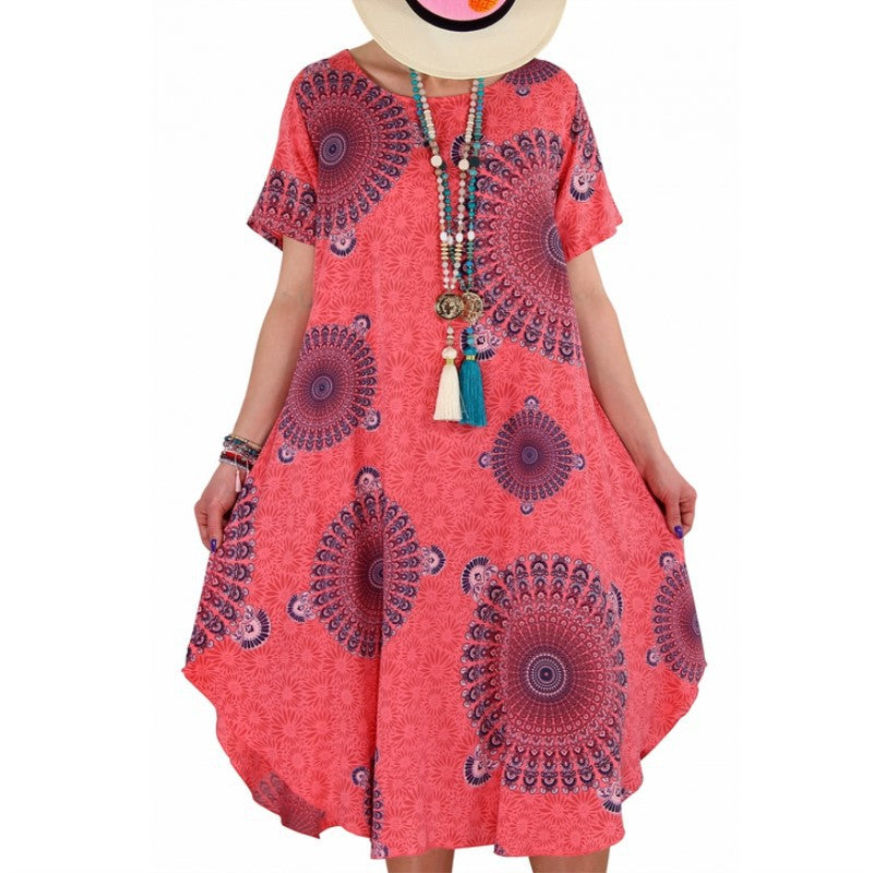 Image of Womens Irregular Dot Print Short-sleeved Boho Loose Dress, Red / L