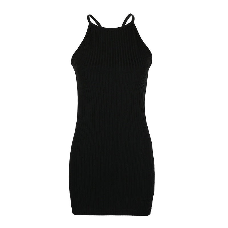 Image of Womens Sexy Ribbed Sleeveless Off-shoulder Halter Mini Bodycon Dress, Black / M