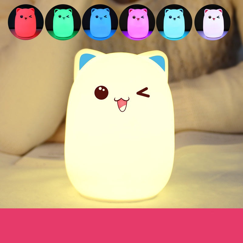 Image of Kids Silicone Bear Colorful LED Night Light Remote Control Nursery Bedside Pat Lamp, Light / Blue