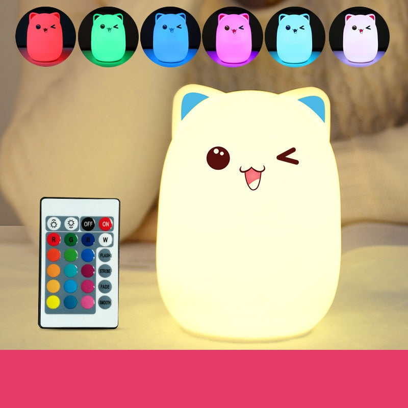 Image of Kids Silicone Bear Colorful LED Night Light Remote Control Nursery Bedside Pat Lamp, Light + RC / Blue