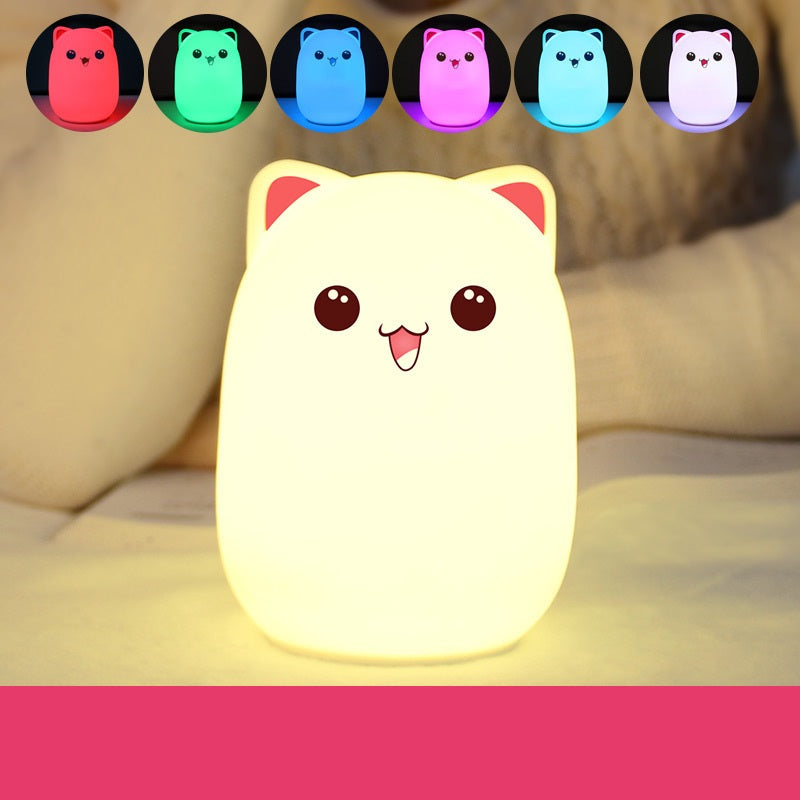 Image of Kids Silicone Bear Colorful LED Night Light Remote Control Nursery Bedside Pat Lamp, Light / Pink