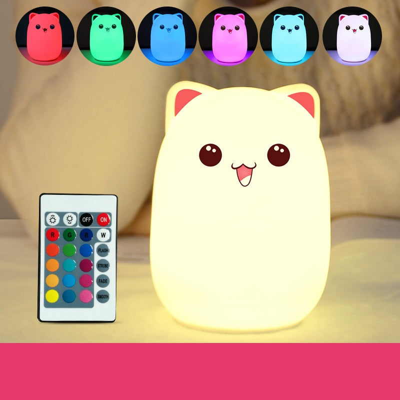 Image of Kids Silicone Bear Colorful LED Night Light Remote Control Nursery Bedside Pat Lamp, Light + RC / Pink