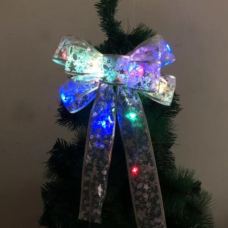 Image of Christmas Tree Ribbon Bow LED String Lights Xmas Gift Decoration, Silver Printing / Multicolor