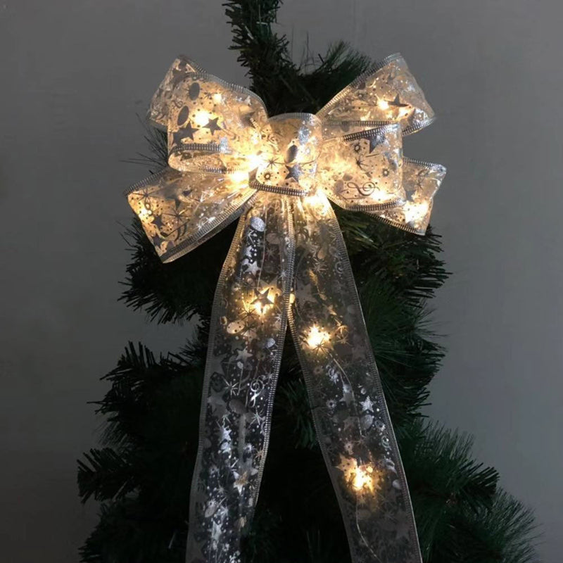 Image of Christmas Tree Ribbon Bow LED String Lights Xmas Gift Decoration, Silver Printing / Warm White