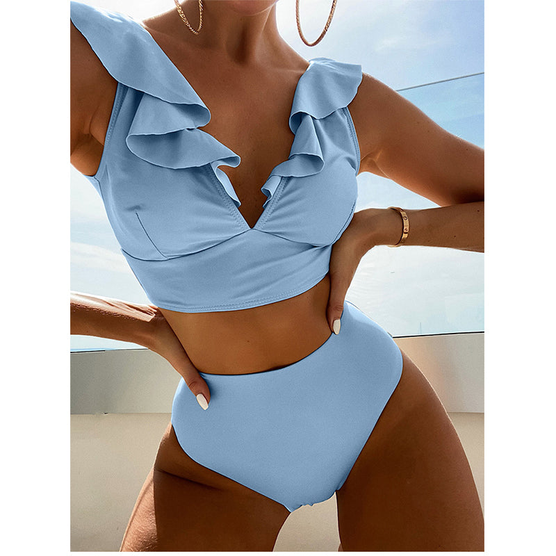 Image of High Waist V-Neck Sexy Ruffles Women Bikini Swimsuit Set, Sky Blue / L