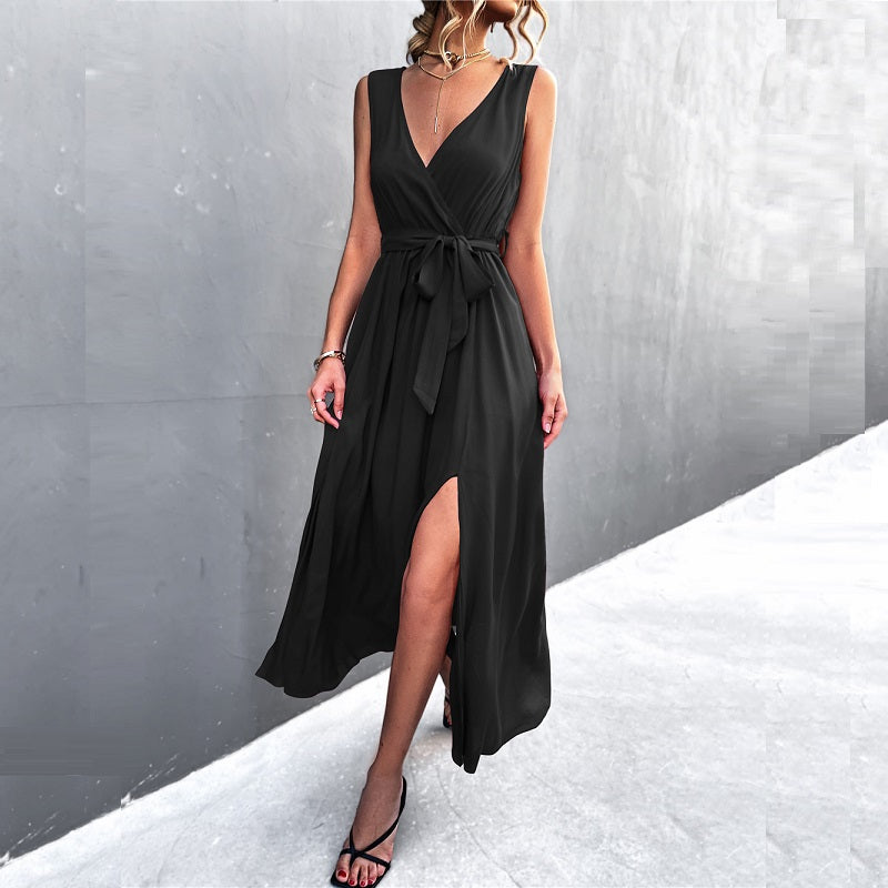 Image of Womens Sexy V-Neck Bownot Sleeveless Slit Slim Long Dress, Black / M