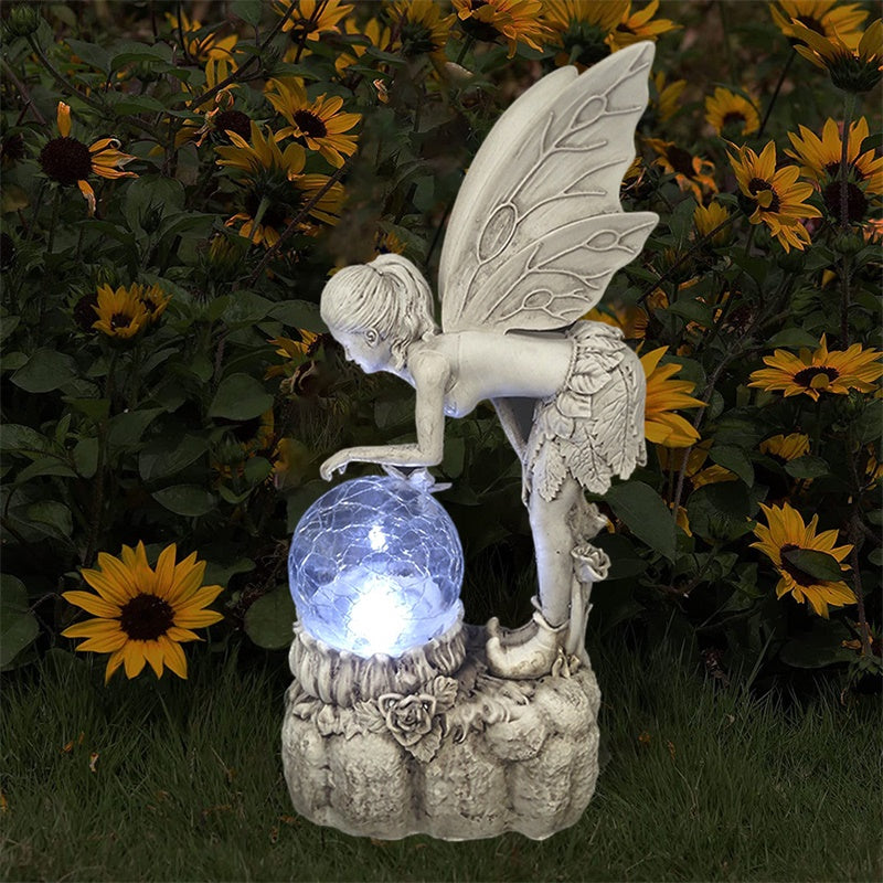 

Garden Solar Flower Fairy Miniature Ornament Decoration with Light Resin Yard Art Night Lamp Sculpture Home Decor - Type A + White Light