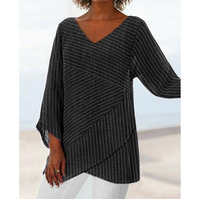 

Women V-Neck Solid Color Stripe Cross Stripe Long Sleeve Blouse Spring Autumn Casual Loose Irregular Hem Top - Black / L