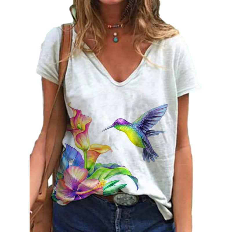 

Womens Summer Floral Printed V Neck Short Sleeve T-shirt Casual Colorful Blouse Lotus Leaf Loose Tops - Style B / 3XL