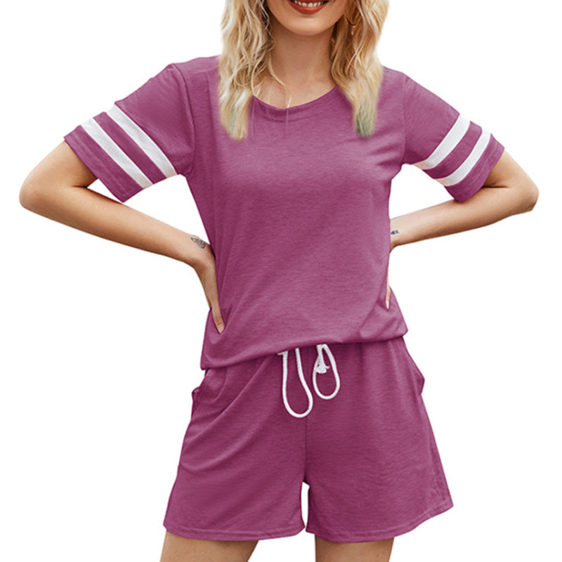 Image of Womens Summer Short Sleeve Striped T-Shirt Shorts Tracksuit 2pcs Set, Purple / M