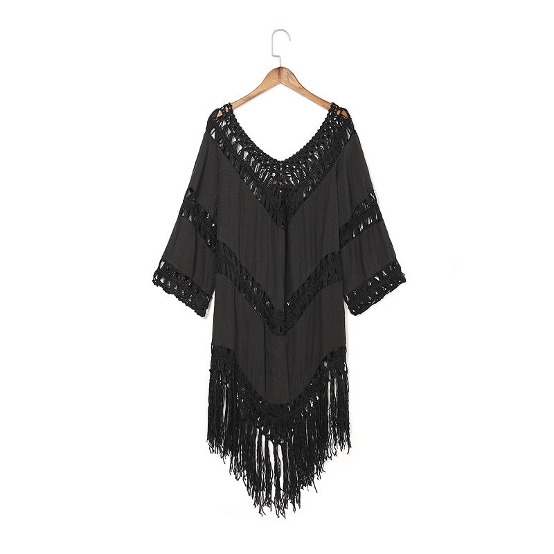 Image of Womens Sexy V-Neck Tassel Hollow Backless Blouse Beachwear, Black