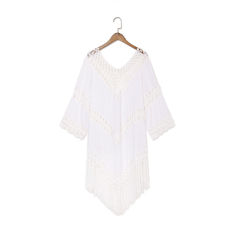 Image of Womens Sexy V-Neck Tassel Hollow Backless Blouse Beachwear, White