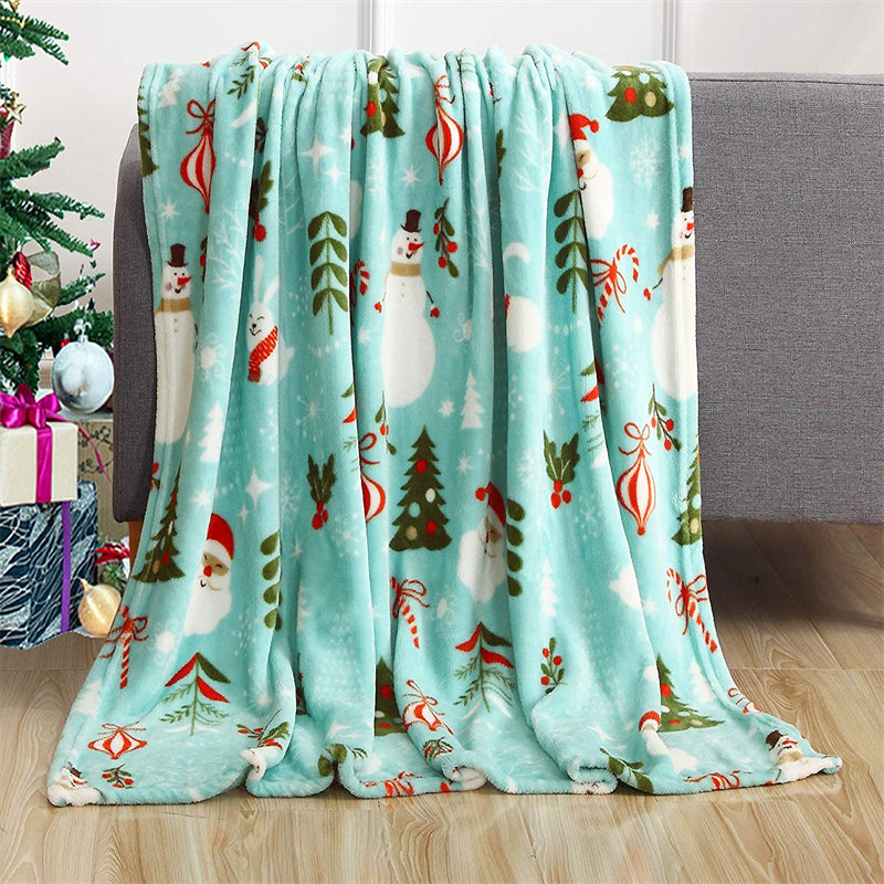 Image of Warm Cozy Christmas Printed Fleece Blanket for Winter Bedding and Sofa, Teal Santa Snowman / 70*100cm