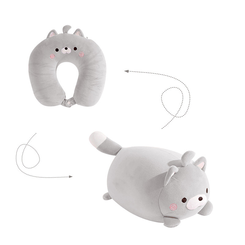Image of 2-in-1 U-Shaped Neck Pillow Deformable Back Cushion Cute Stuffed Animal Plush Toy, Grey Cat