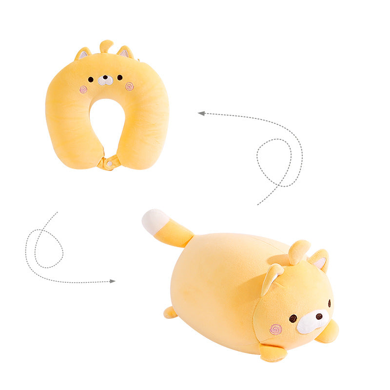 Image of 2-in-1 U-Shaped Neck Pillow Deformable Back Cushion Cute Stuffed Animal Plush Toy, Yellow Cat