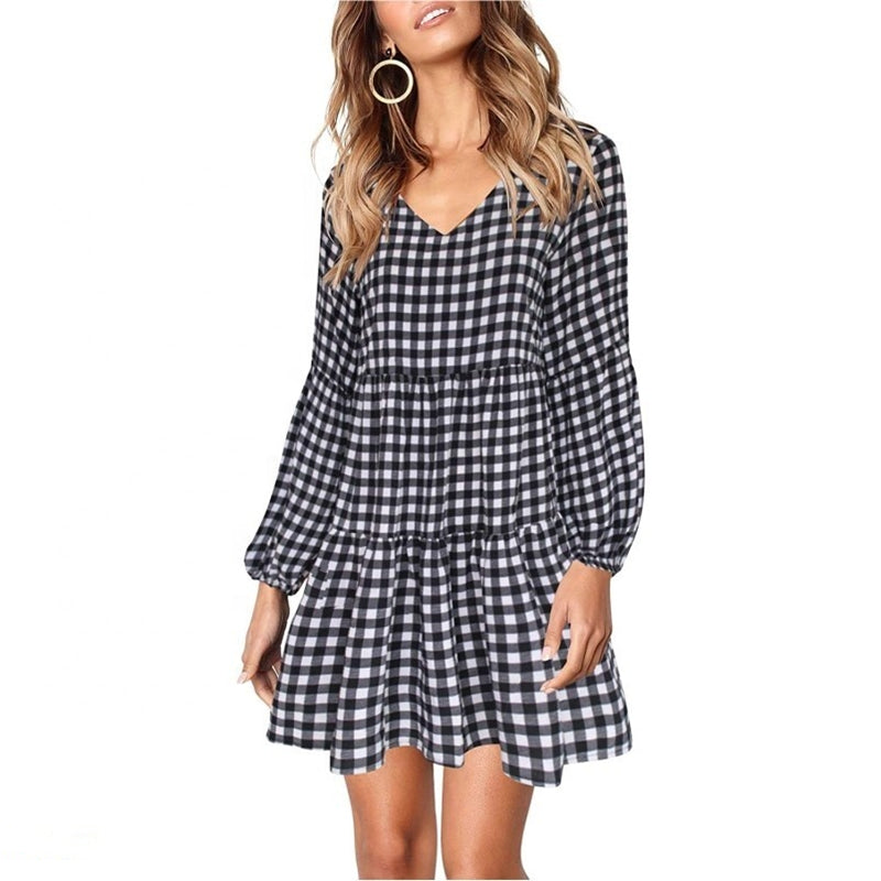 Image of Woman V-Neck Cotton Plaid Printed Long Sleeve Puff Sleeve Dress, XL