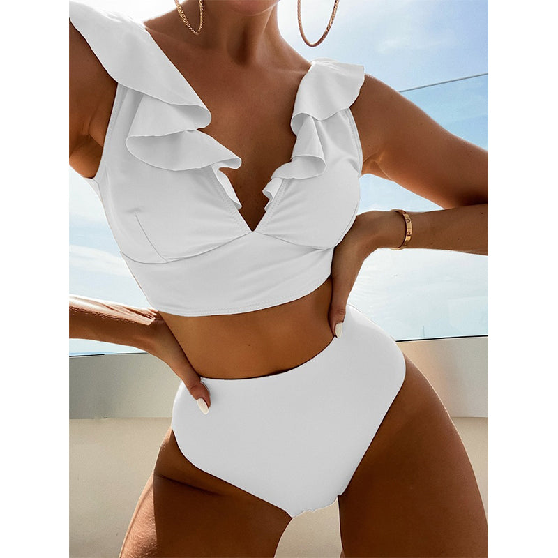 Image of High Waist V-Neck Sexy Ruffles Women Bikini Swimsuit Set, White / XL