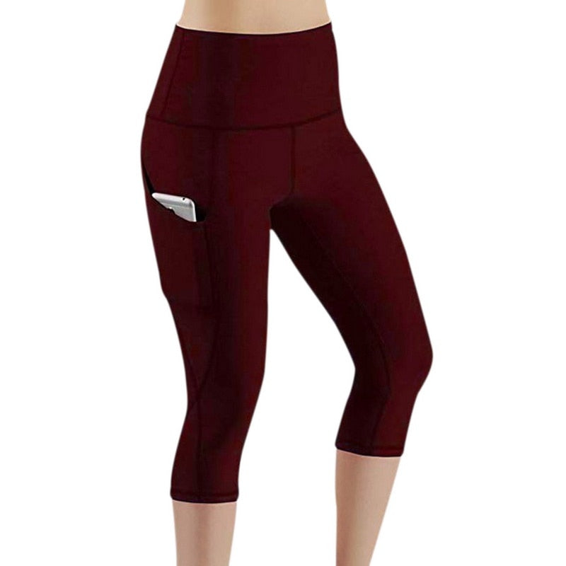 Image of Womens Tummy Control High Waist Yoga Pants with Pockets, Wine Red / XL
