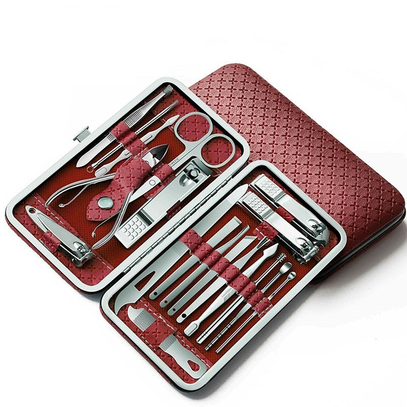 Image of 19PCS Nail Clippers Manicure Kit Cuticle Grooming Set Case, Wine Red