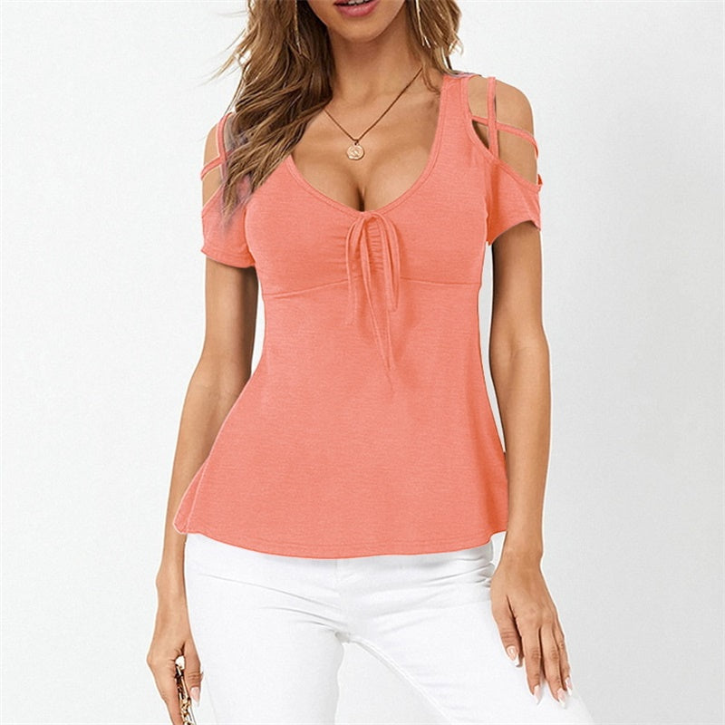 Image of Womens V-Neck Bow Cross Strap Off Shoulder Short Sleeve T-shirt, Pink / M