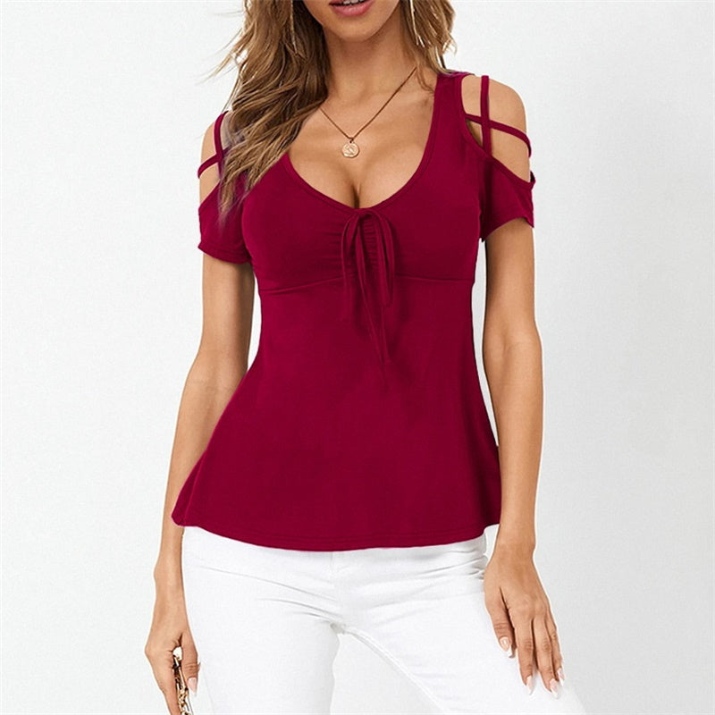 Image of Womens V-Neck Bow Cross Strap Off Shoulder Short Sleeve T-shirt, Red / 2XL