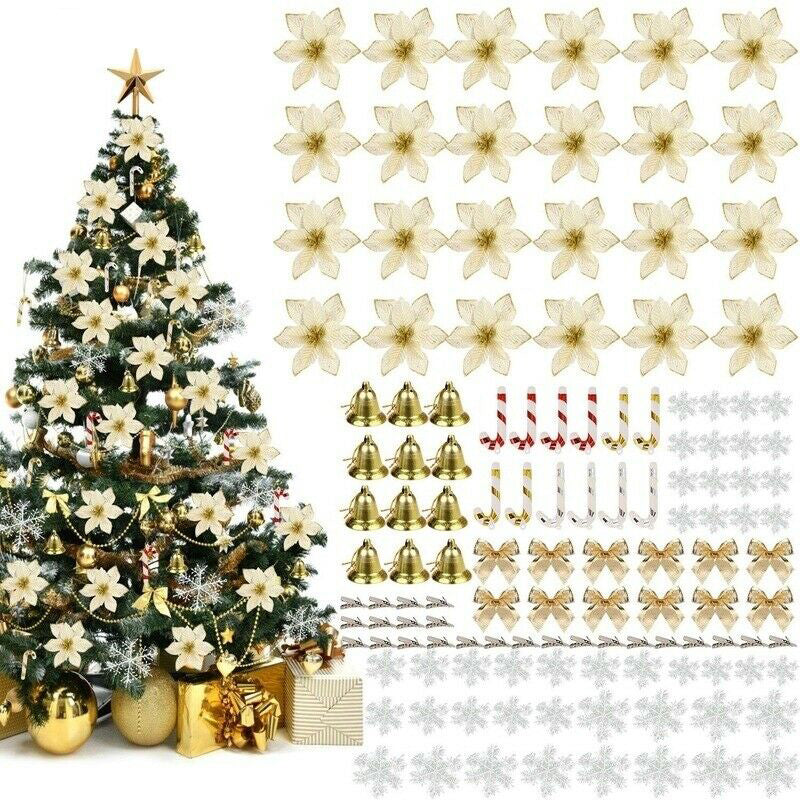 Image of 120Pcs Christmas Glitter Poinsettia Artificial Flower Bell Bows Snowflake Tree Hanging, Gold