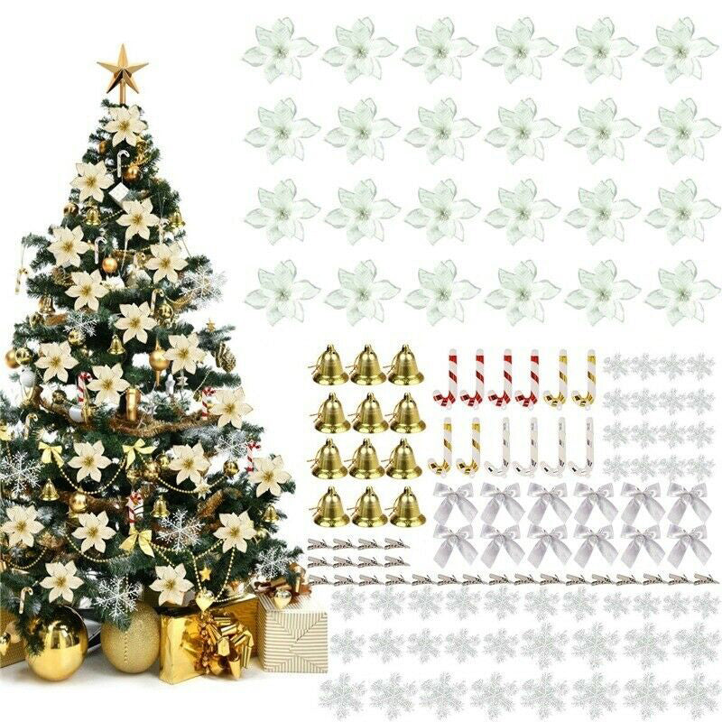 Image of 120Pcs Christmas Glitter Poinsettia Artificial Flower Bell Bows Snowflake Tree Hanging, Silver