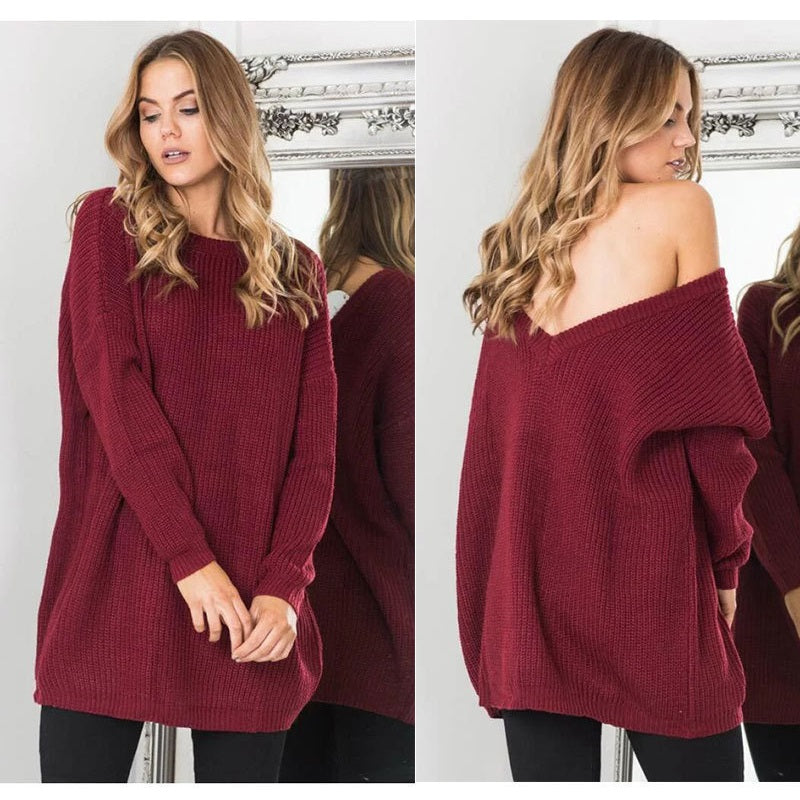 Image of Womens Sexy V-Neck Backless Off-Shoulder Long Sleeve Sweater, Wine Red