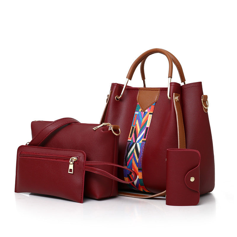 Image of 4PCS Set Elegant Women Leather Handbag Shoulder Messenger Tote Bag, Red