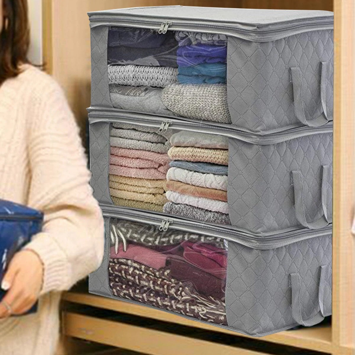 

3PCS Foldable Clothes Storage Boxes Bags Ziped Organizers Closet Wardrobe, Grey