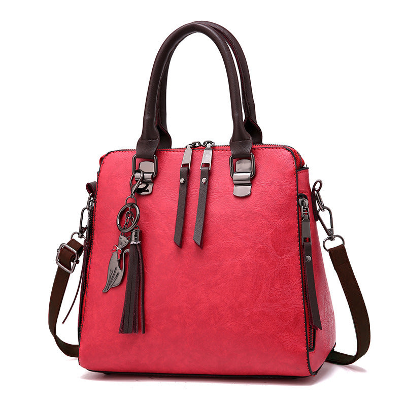 Image of Womens Vintage Tassel Leather Handbag Zipper Shoulder Bags, red