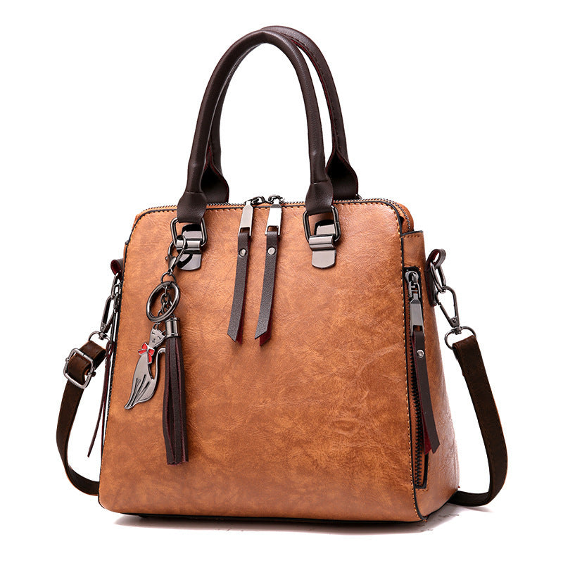 Image of Womens Vintage Tassel Leather Handbag Zipper Shoulder Bags, khaki