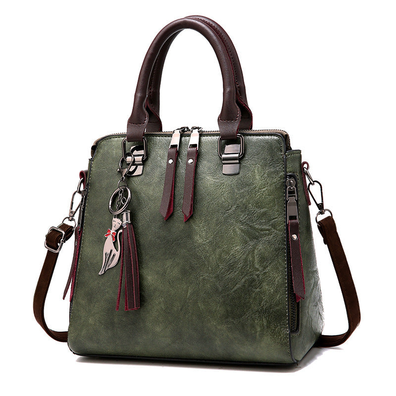 Image of Womens Vintage Tassel Leather Handbag Zipper Shoulder Bags, green