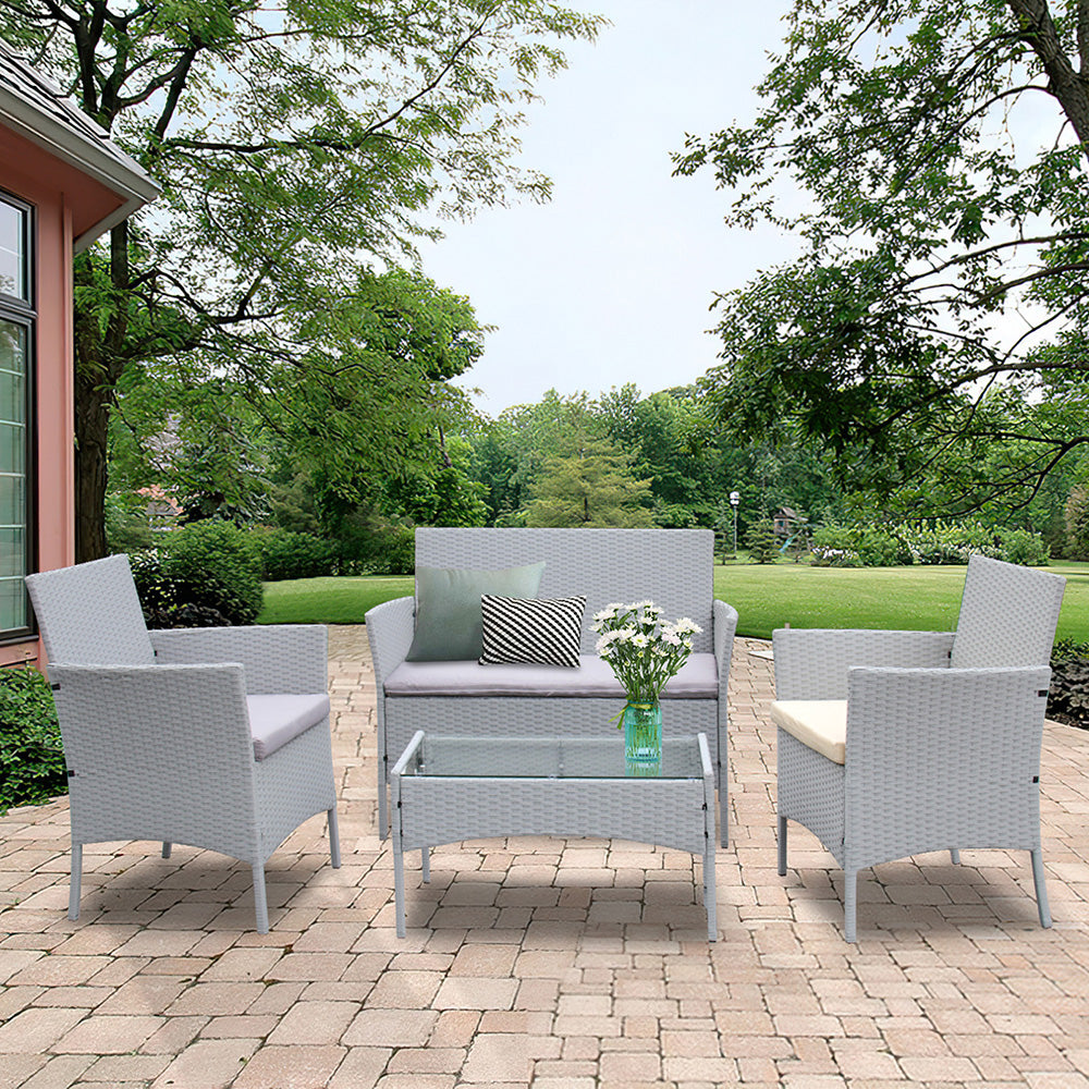 Image of 4-Seater Rattan Garden Furniture Patio Conversation Set Table Chairs, Grey / Without Cover