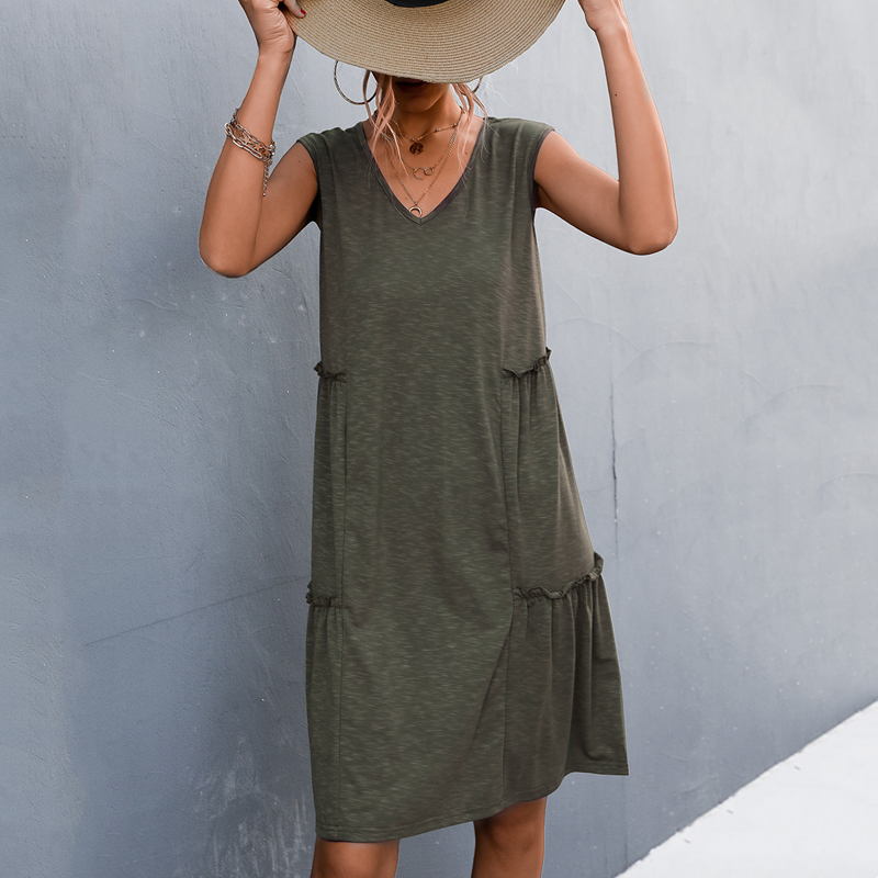 Image of Summer Women V-neck Sleeveless Ruched Solid Color Tank Top Dress, Army Green / M