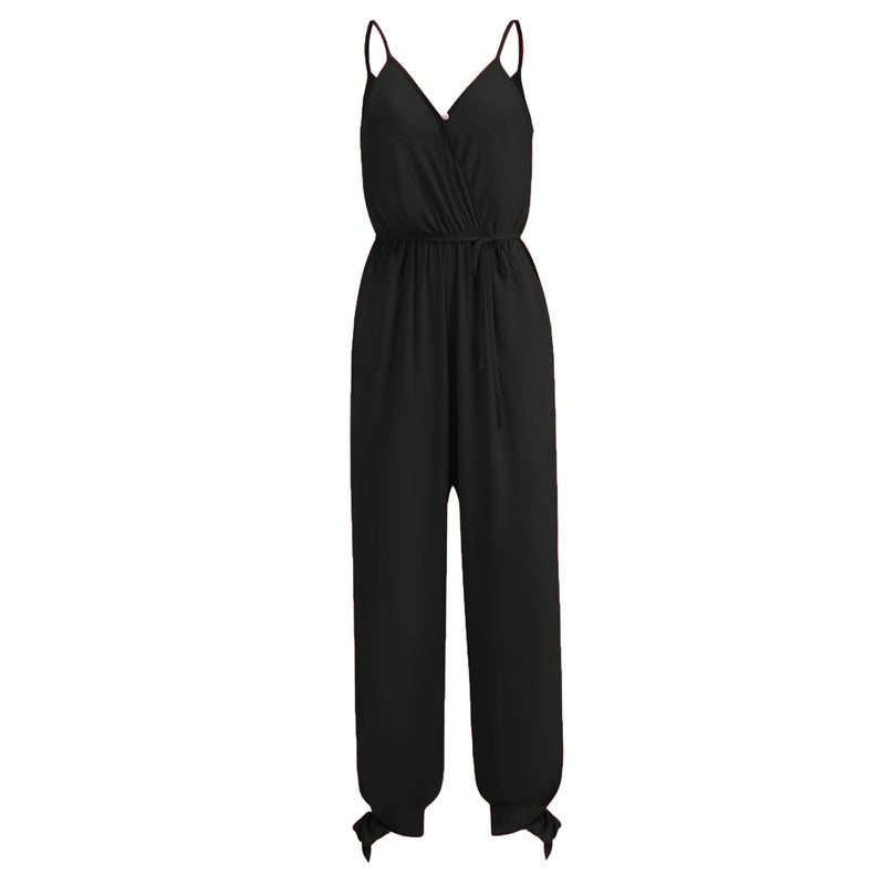 Image of Women's Sexy V-Neck Solid Color Strappy Jumpsuit with Pockets, Black / M