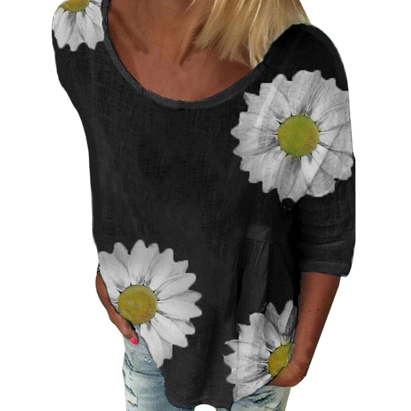 Image of Women Round-neck Sunflower Printed 3/4 Sleeve Casual Fashion T-Shirt, Black / XXL