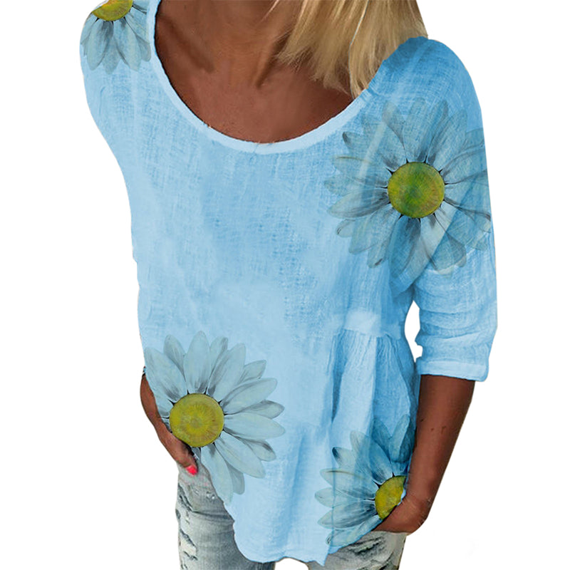 Image of Women Round-neck Sunflower Printed 3/4 Sleeve Casual Fashion T-Shirt, Blue / L