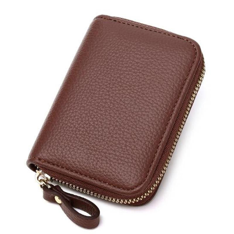 Image of Unisex RDIF Card Holder Zipper PU Leather Purse, Brown