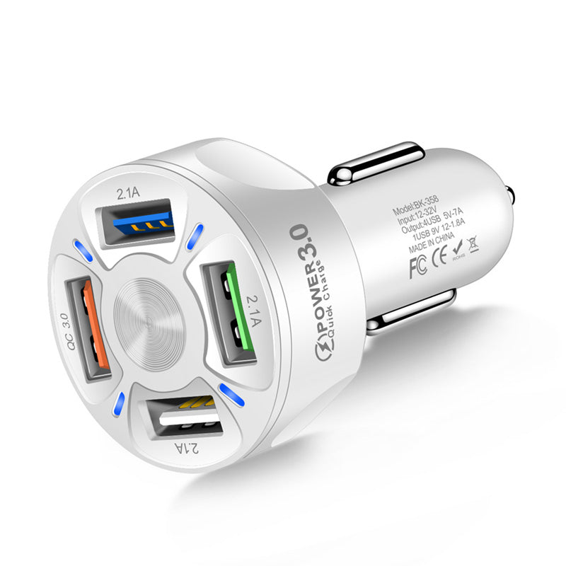 

4 Ports USB Car Charger Mini Fast Charging Mobile Phone Charger Adapter in Car Four-in-one Mobile Phone Charging - White