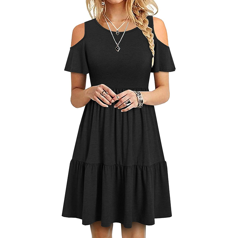 Image of Women's Off Shoulder Short Sleeve Ruffle Pleated Casual Dress, Style 1 / M
