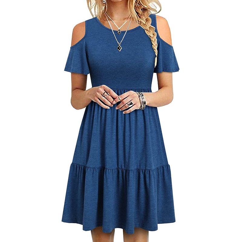 Image of Women's Off Shoulder Short Sleeve Ruffle Pleated Casual Dress, Style 2 / M