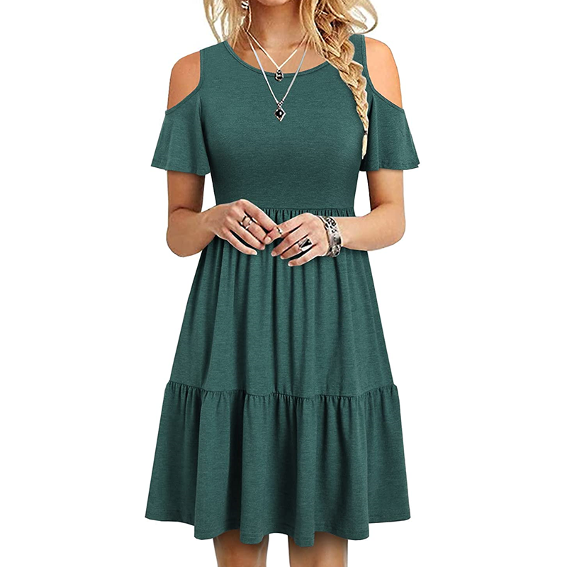 Image of Women's Off Shoulder Short Sleeve Ruffle Pleated Casual Dress, Style 3 / M