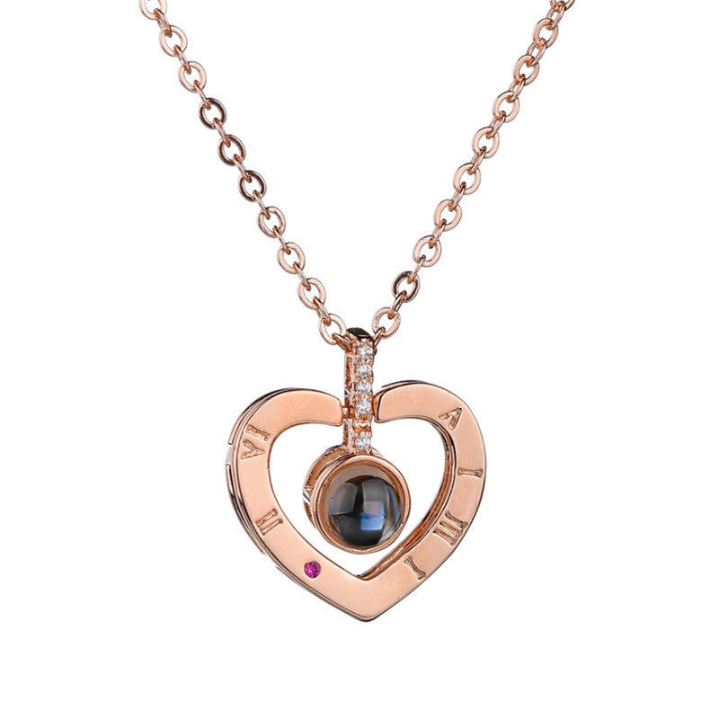 Image of I Love You Heart Round Projection Necklace for Women Girls, Heart Rose Gold