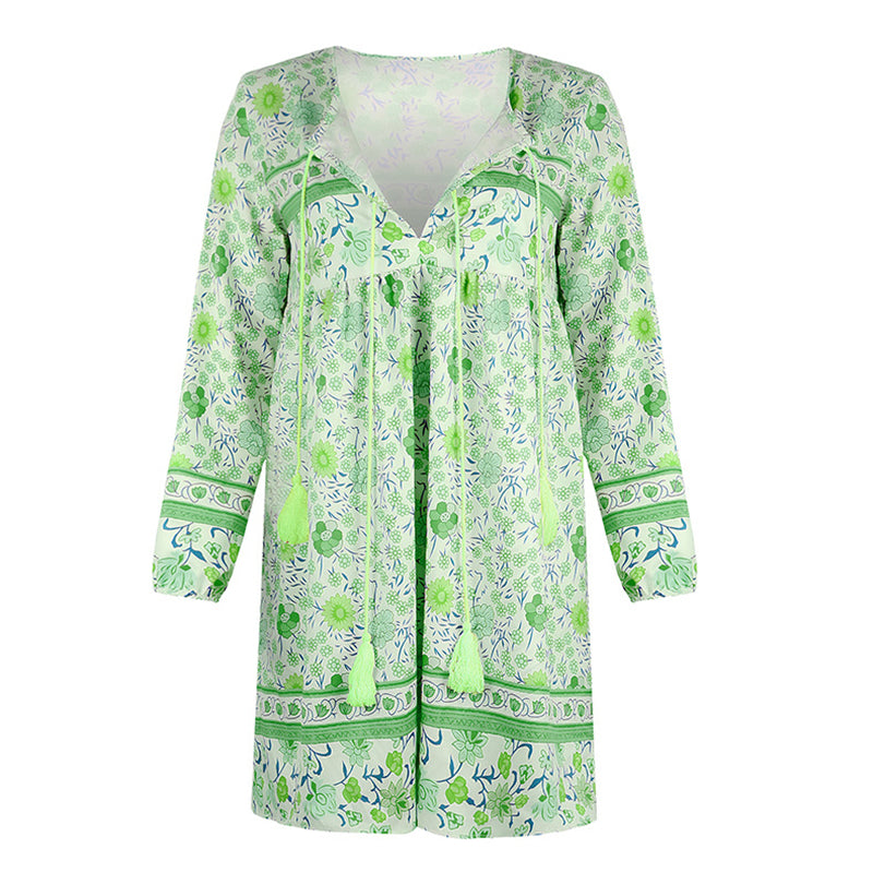 Image of Bohemian Long Sleeve Cotton V Neck Floral Women Dresses, Green / M